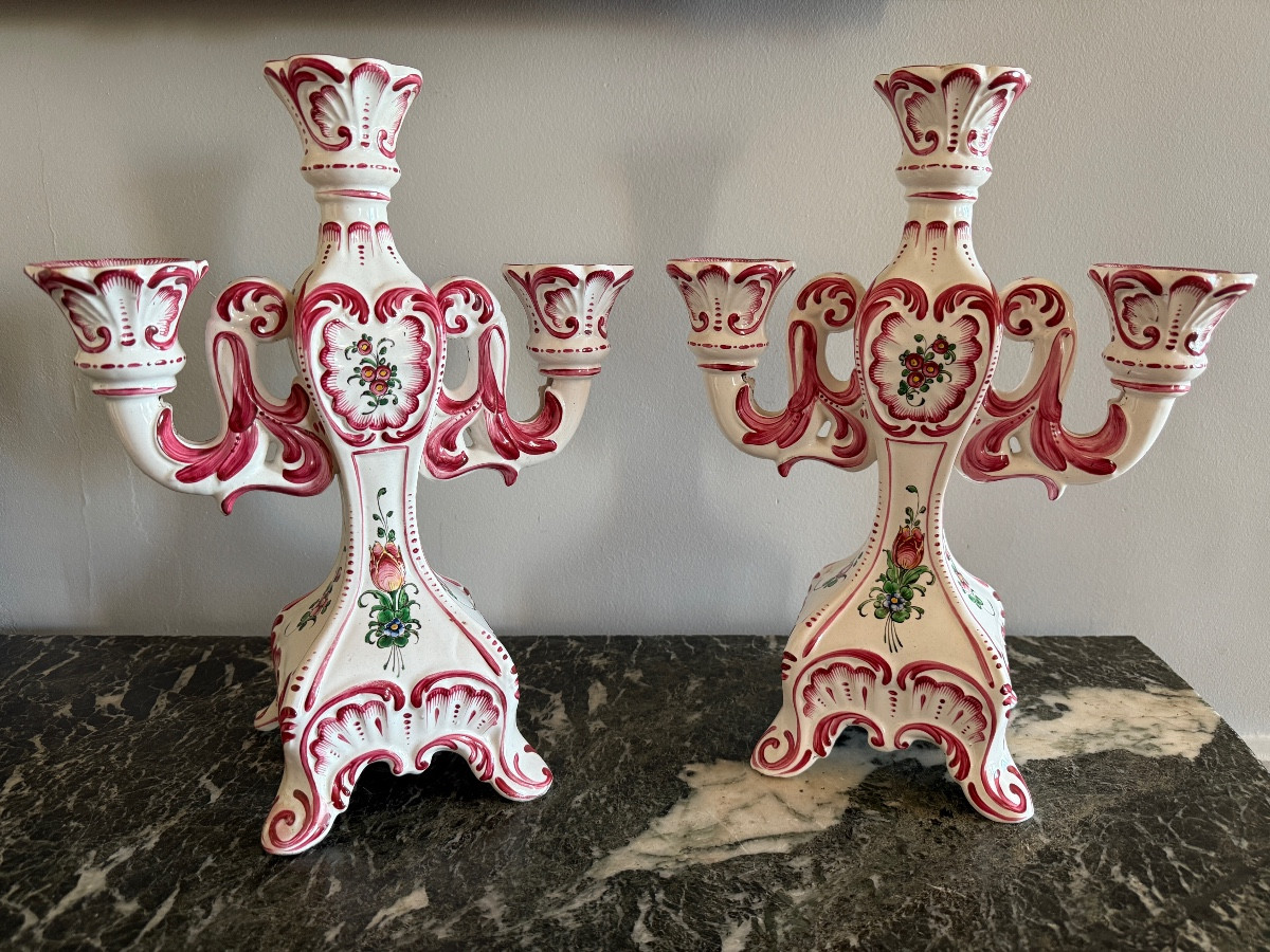 Pair Of Candlesticks From Henri Chaumeil (1877-1944) Desvres Strasbourg Decor. -photo-2