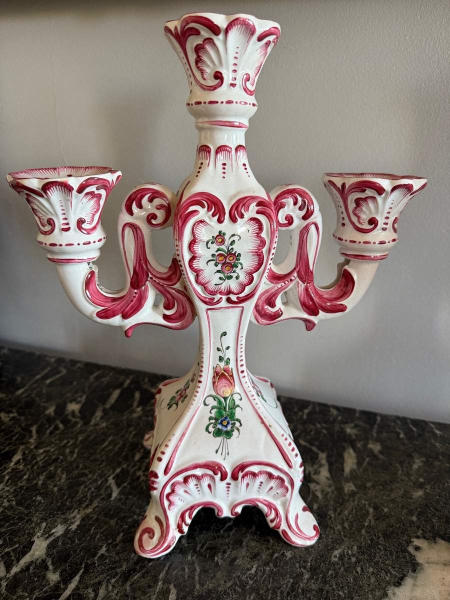 Pair Of Candlesticks From Henri Chaumeil (1877-1944) Desvres Strasbourg Decor. -photo-3