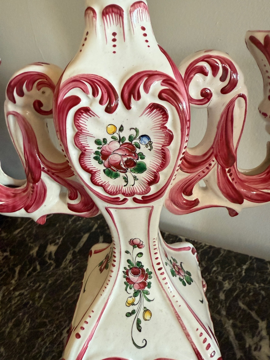 Pair Of Candlesticks From Henri Chaumeil (1877-1944) Desvres Strasbourg Decor. -photo-4