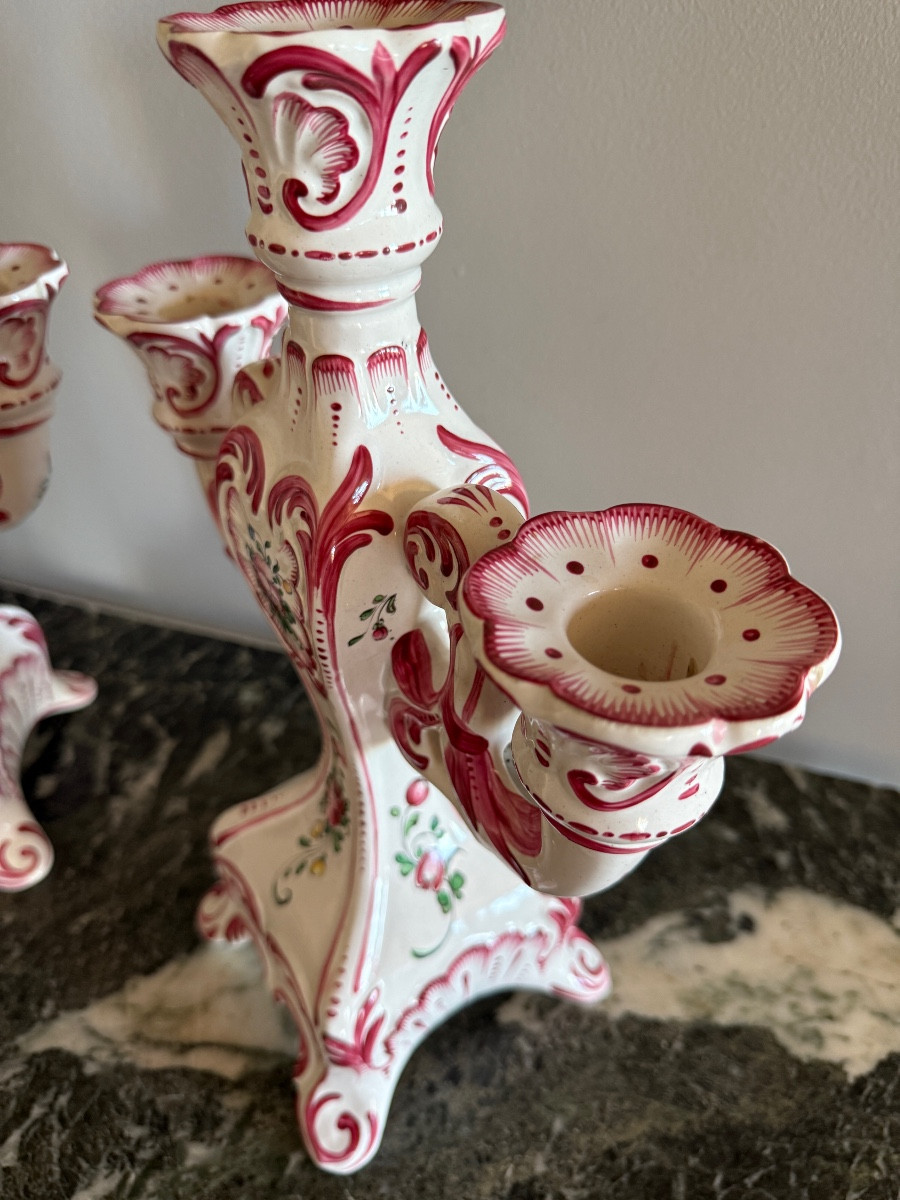 Pair Of Candlesticks From Henri Chaumeil (1877-1944) Desvres Strasbourg Decor. -photo-3