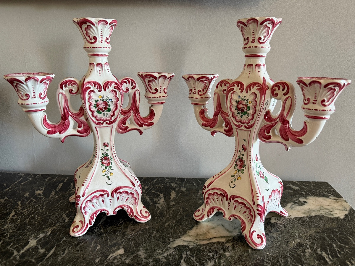 Pair Of Candlesticks From Henri Chaumeil (1877-1944) Desvres Strasbourg Decor. 
