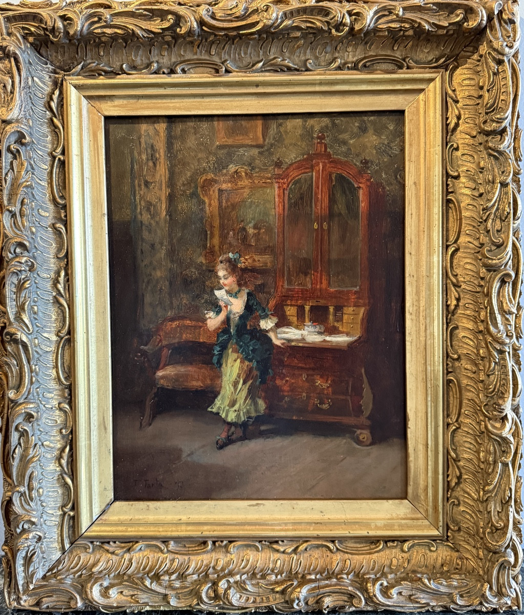 " Jeune fille Lisant Dans Son Salon".  Huile Sur Panneau Signé Tony Torta ( 1800-1900 ). 