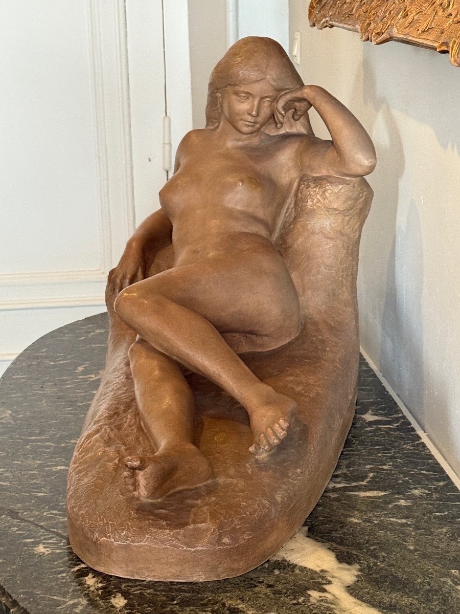 Léon Bourgeois (1851-1925) Very Large Terracotta "young Girl Lying Down". -photo-3