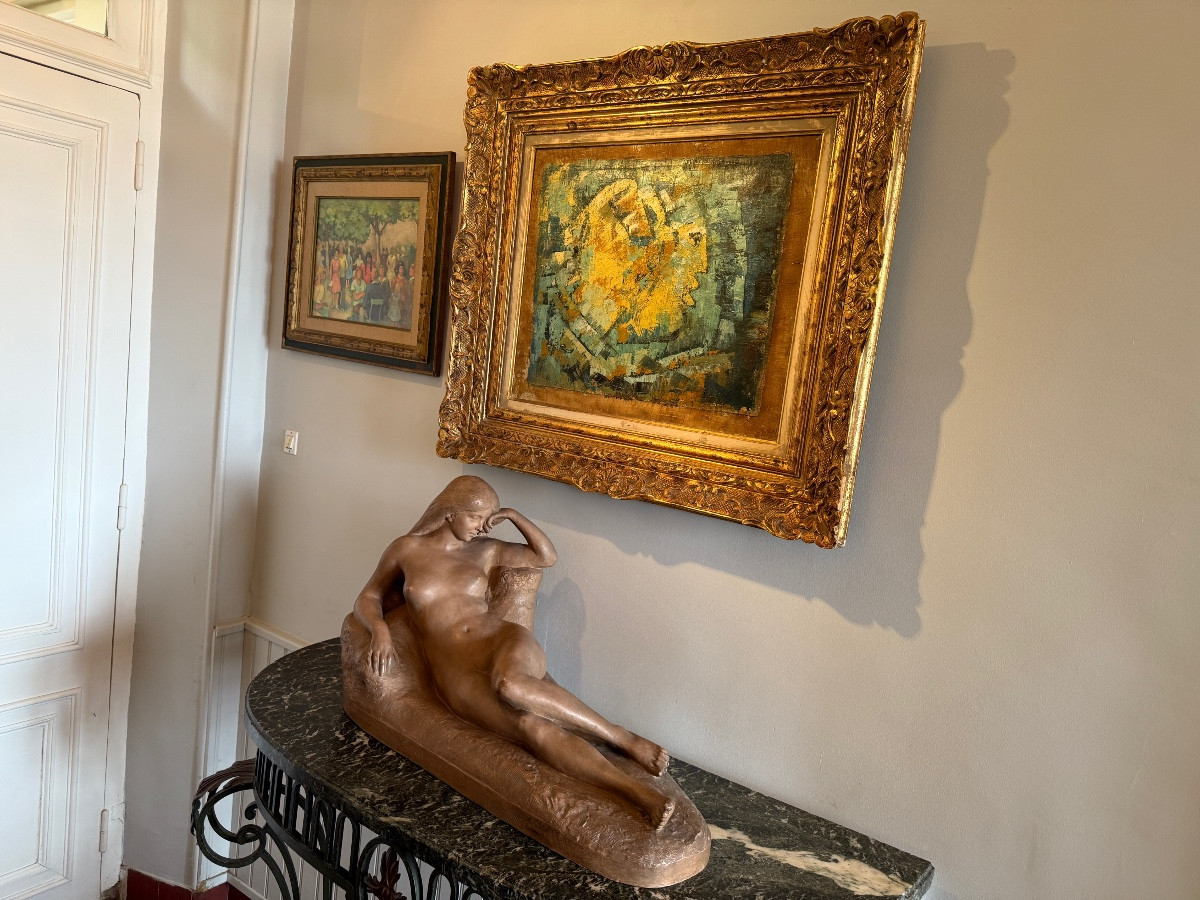 Léon Bourgeois (1851-1925) Very Large Terracotta "young Girl Lying Down". -photo-2