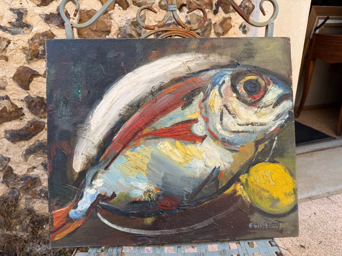 Emma Benoit "fish And Lemon" Oil On Canvas. -photo-3