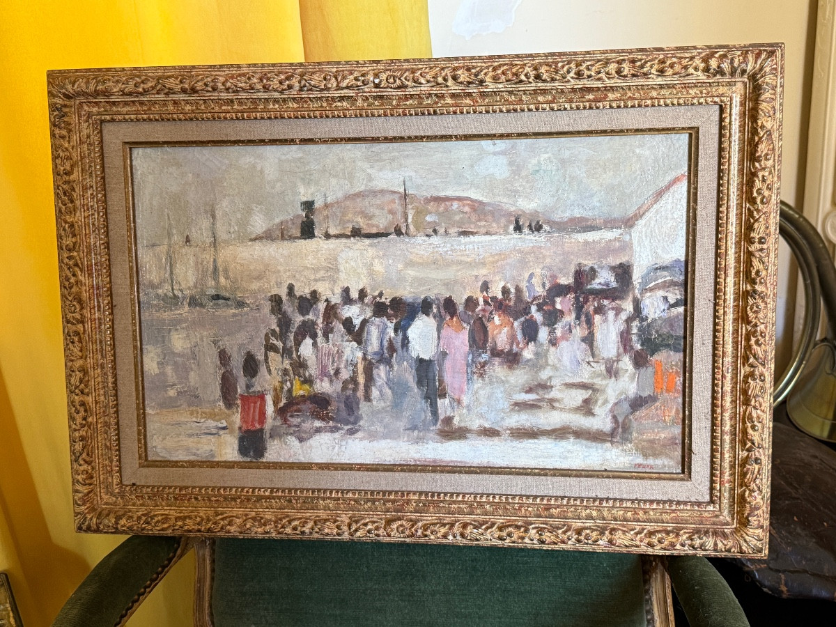 Kari Feuer Oil On Canvas "the Crowd On The Port". -photo-1