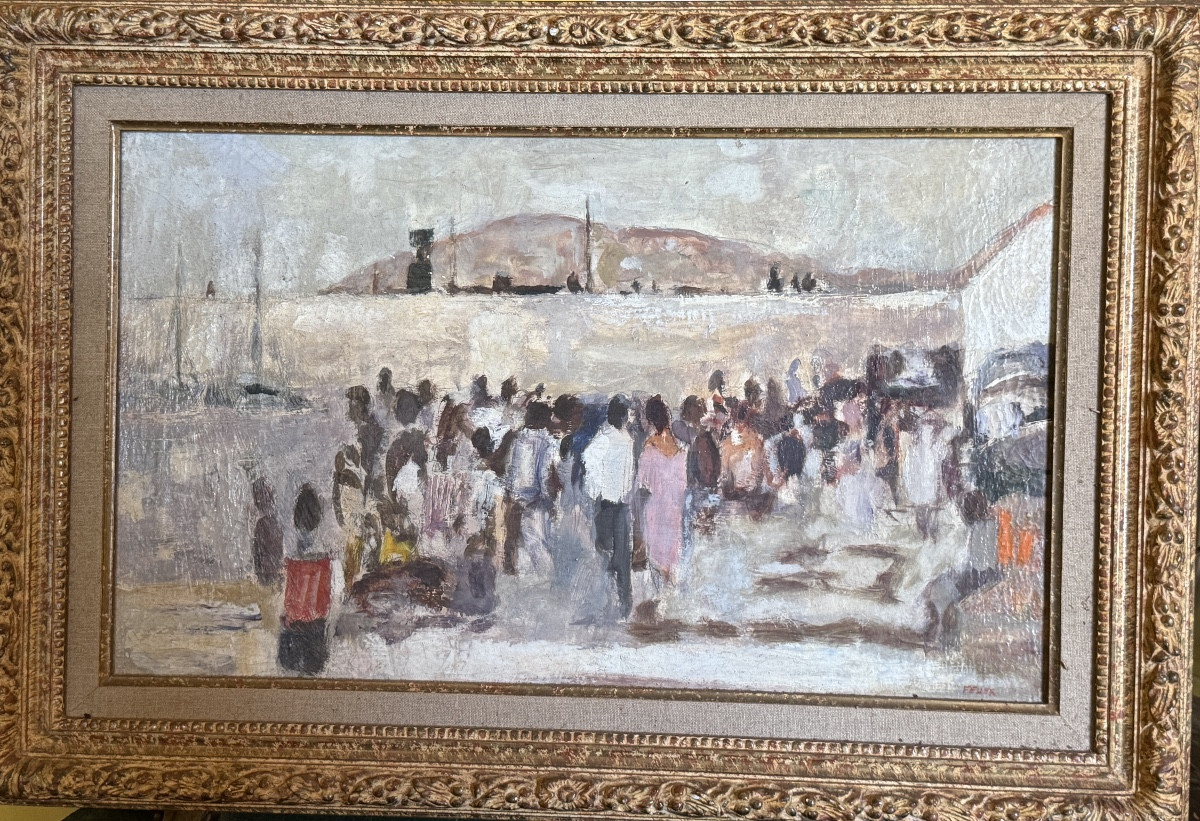 Kari Feuer Oil On Canvas "the Crowd On The Port". 