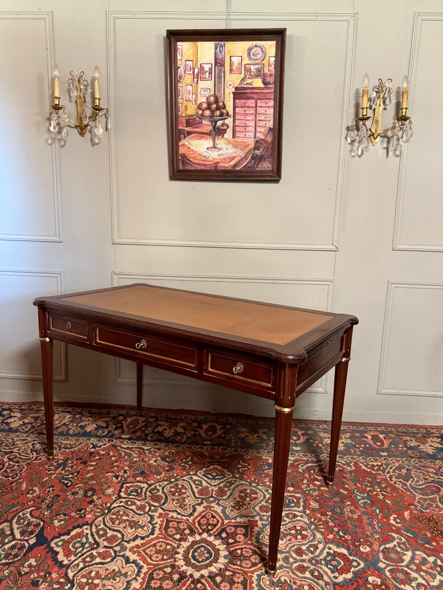 Flat Desk And Its Louis XVI Style Armchair, In Mahogany. -photo-3