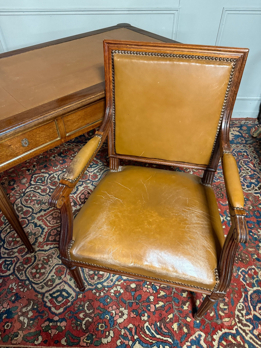 Flat Desk And Its Louis XVI Style Armchair, In Mahogany. -photo-4