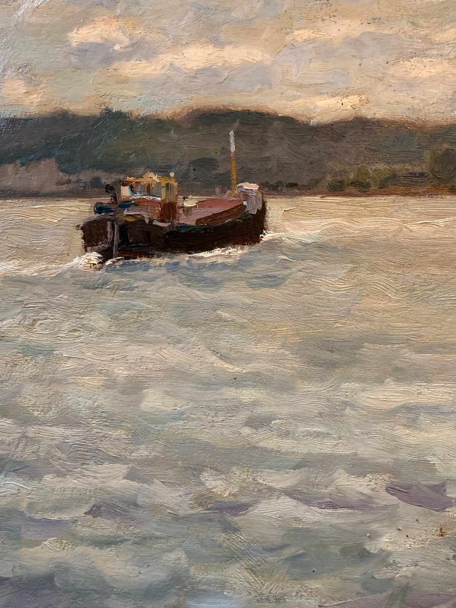 Louis Panel (1932 - 2018 ) "La Seine à Duclair ".  Huile sur toile. -photo-3