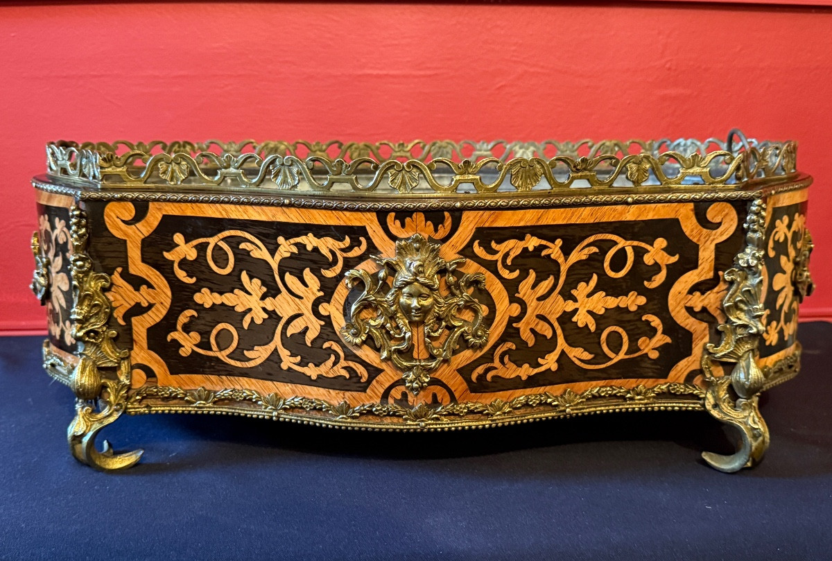 Grande jardinière en marqueterie, d'époque Napoléon III. -photo-2
