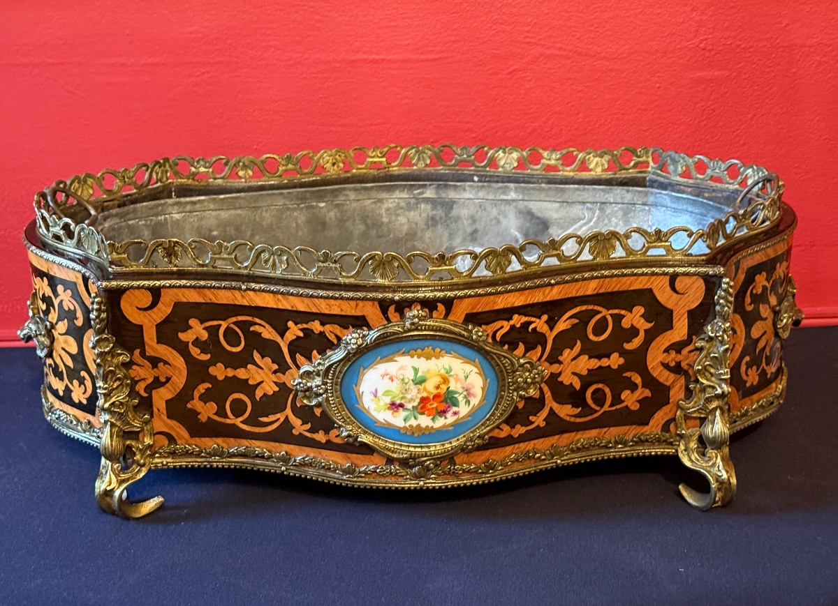 Grande jardinière en marqueterie, d'époque Napoléon III. -photo-5