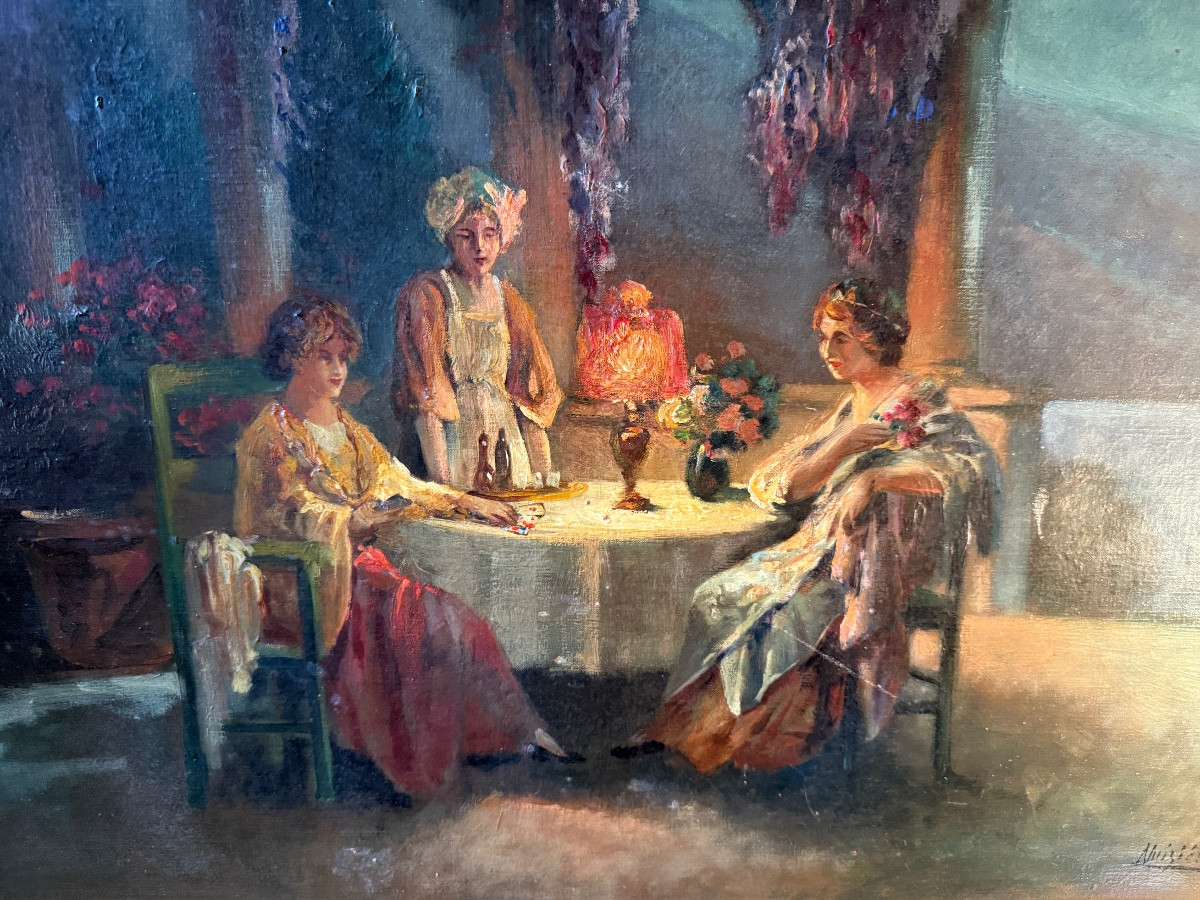 "the Fortune Teller" Under The Pergola In Capri With A View Of Vesuvius. Oil On Canvas, 19th Century. -photo-2