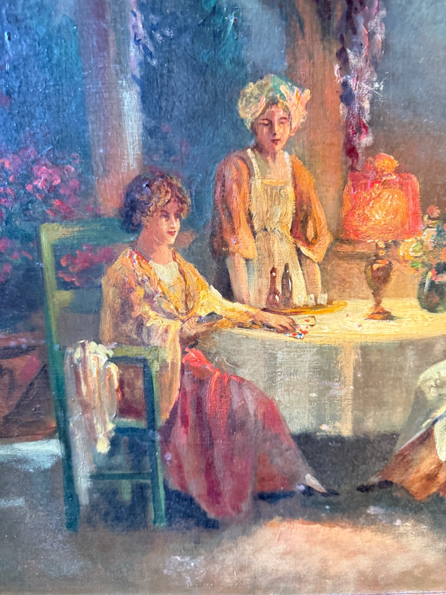 "the Fortune Teller" Under The Pergola In Capri With A View Of Vesuvius. Oil On Canvas, 19th Century. -photo-3