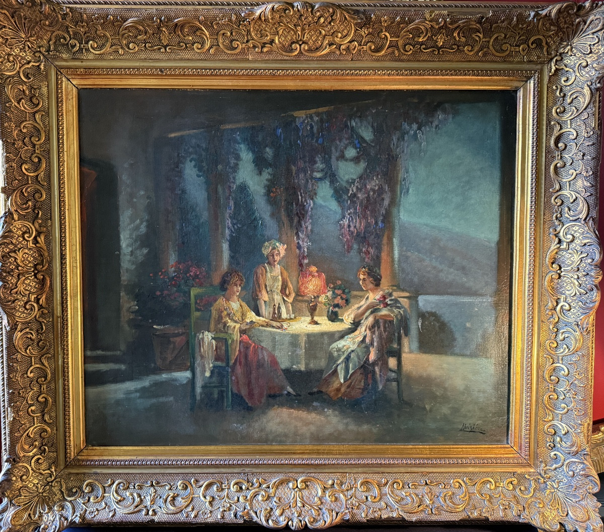 "the Fortune Teller" Under The Pergola In Capri With A View Of Vesuvius. Oil On Canvas, 19th Century. -photo-1