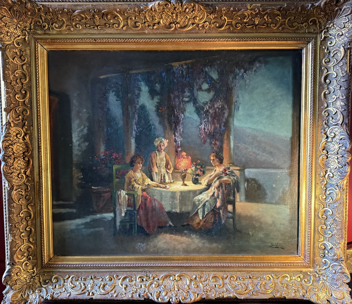 "the Fortune Teller" Under The Pergola In Capri With A View Of Vesuvius. Oil On Canvas, 19th Century. 