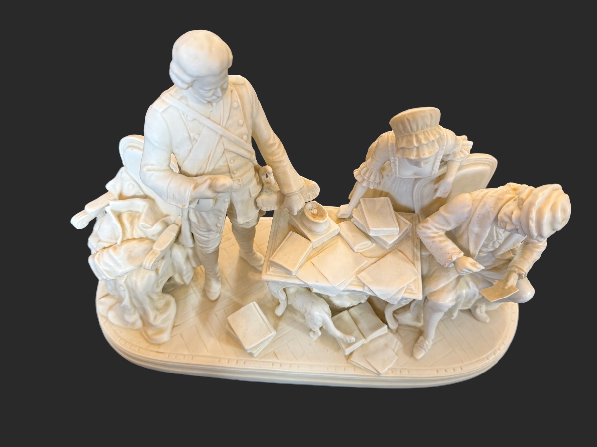 Porcelain Biscuit Group, Lively Scene Of The Bourgeoisie In The 18th Century. -photo-3