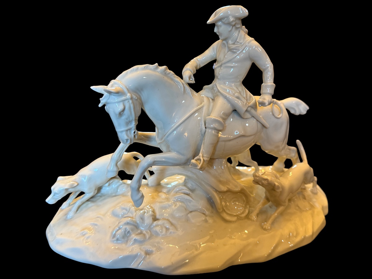 Hunting With Hounds, White Porcelain Group From Dresden. 19th Century. 