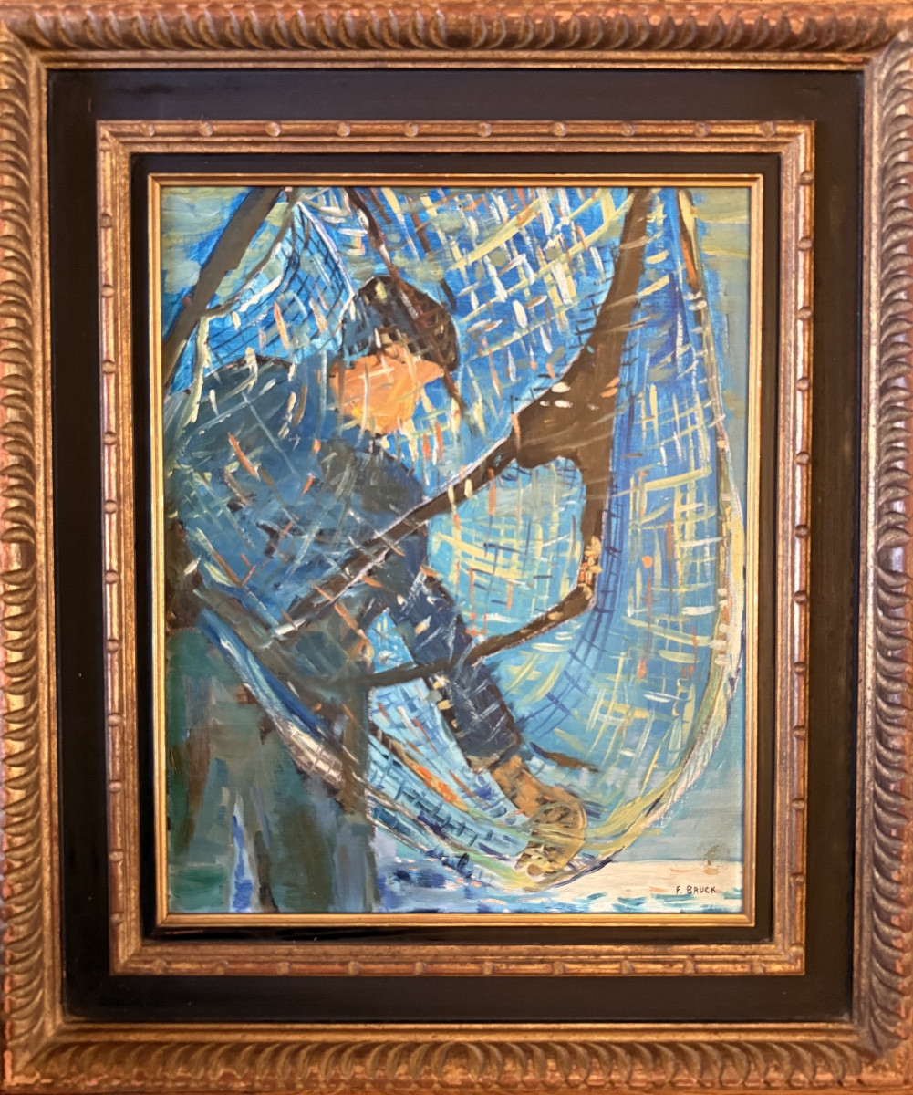 Françoise Bruck  (1938- ) "Le pêcheur " Huile sur toile. 