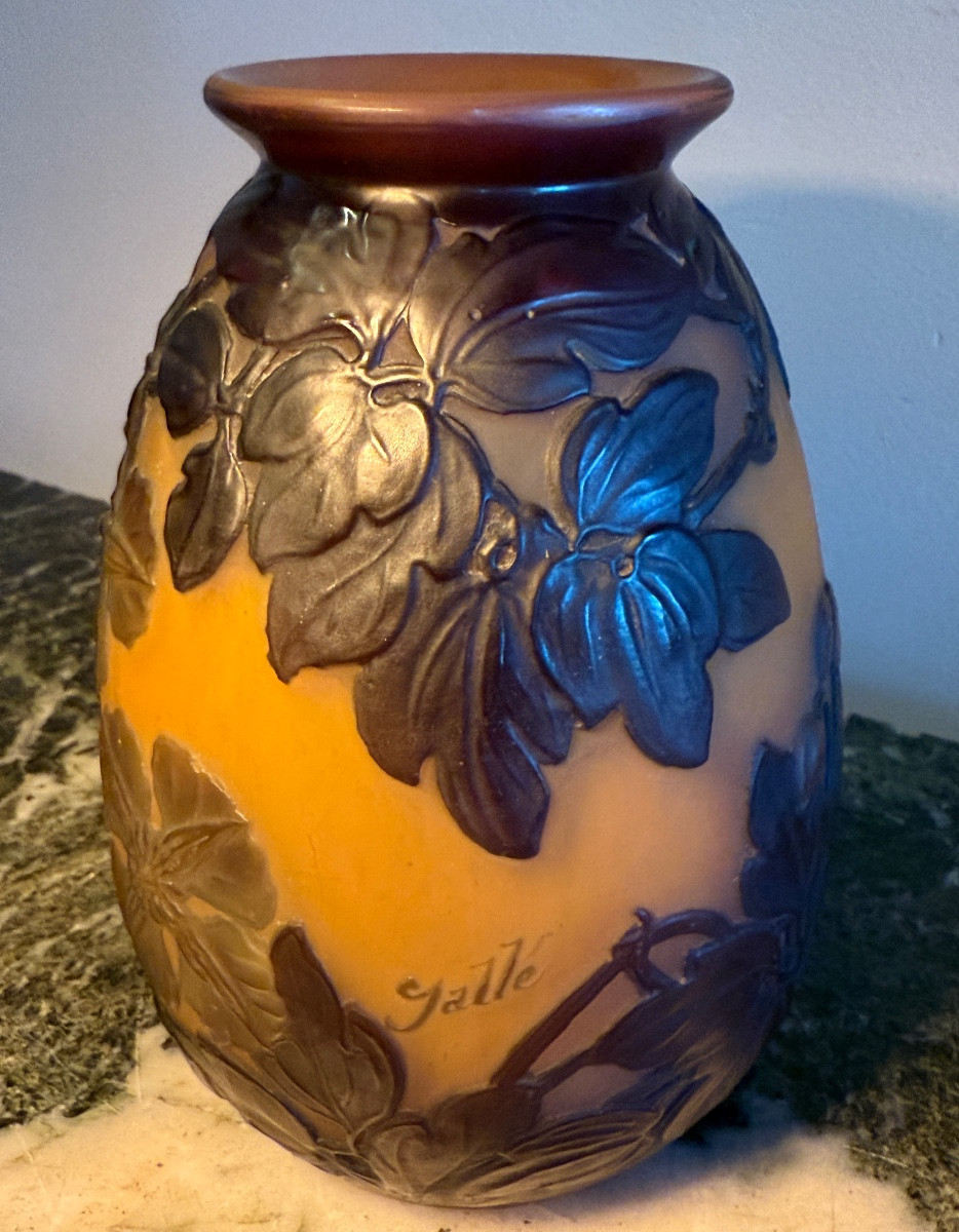 Gallé Establishments. Multi-layered Glass Vase Decorated With Clematis. 