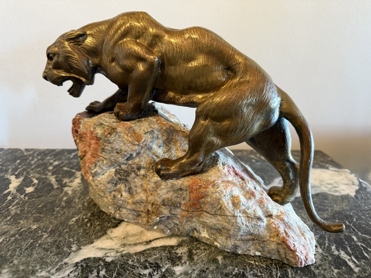 James Andrey (19th-20th Century) Roaring Bronze Lioness On Her Rock. 