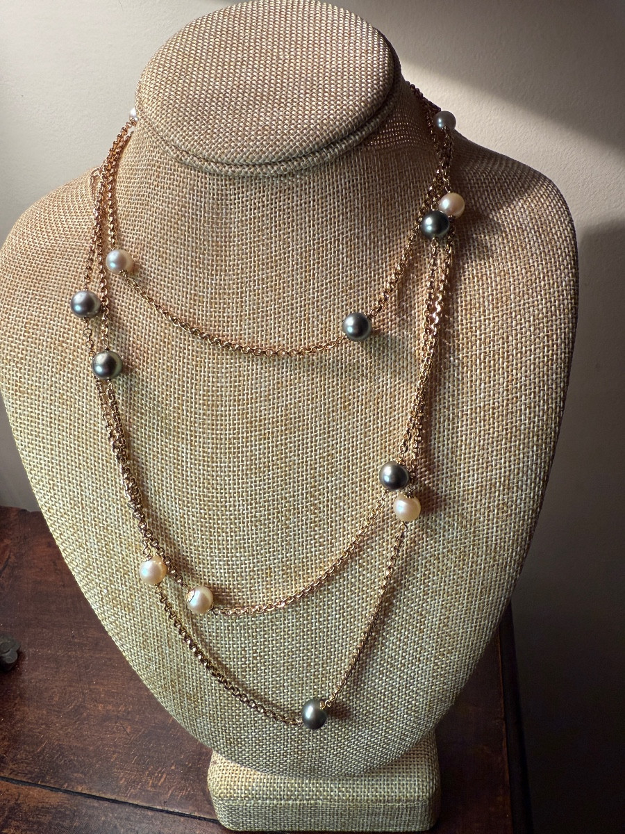 Gold And Tahitian Pearl Necklace/long Necklace. Length: 1.46m. -photo-4