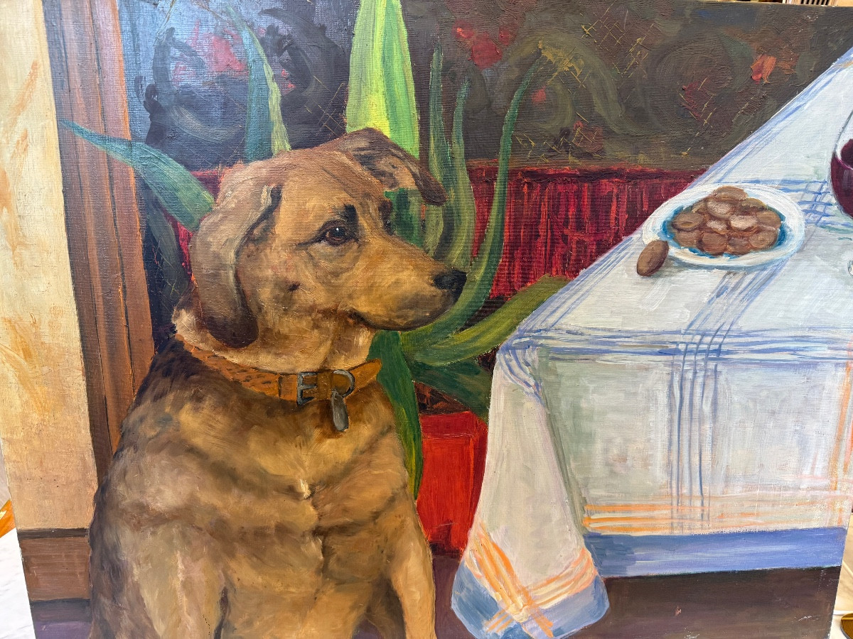 Tableau de chien E.Marguerie "La fête". Hst. -photo-2