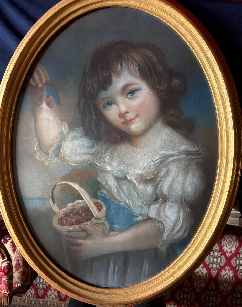 Pastel ovale XIX ème " L'enfant au panier de cerises". -photo-2