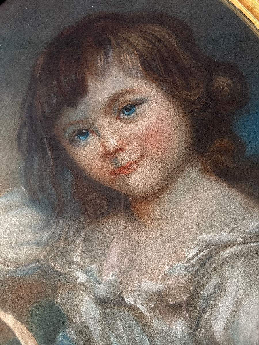 Pastel ovale XIX ème " L'enfant au panier de cerises". -photo-3