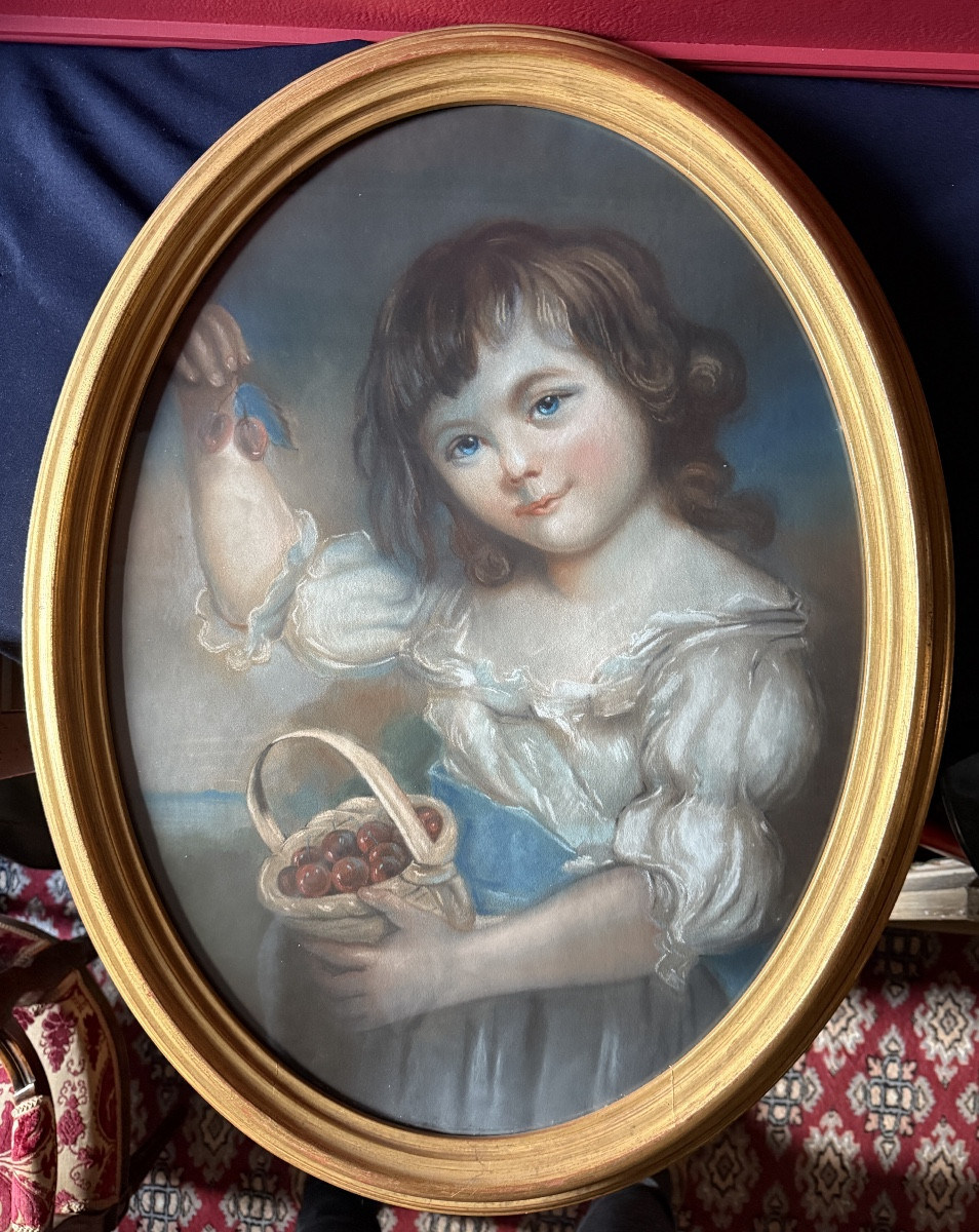 Pastel ovale XIX ème " L'enfant au panier de cerises". -photo-4