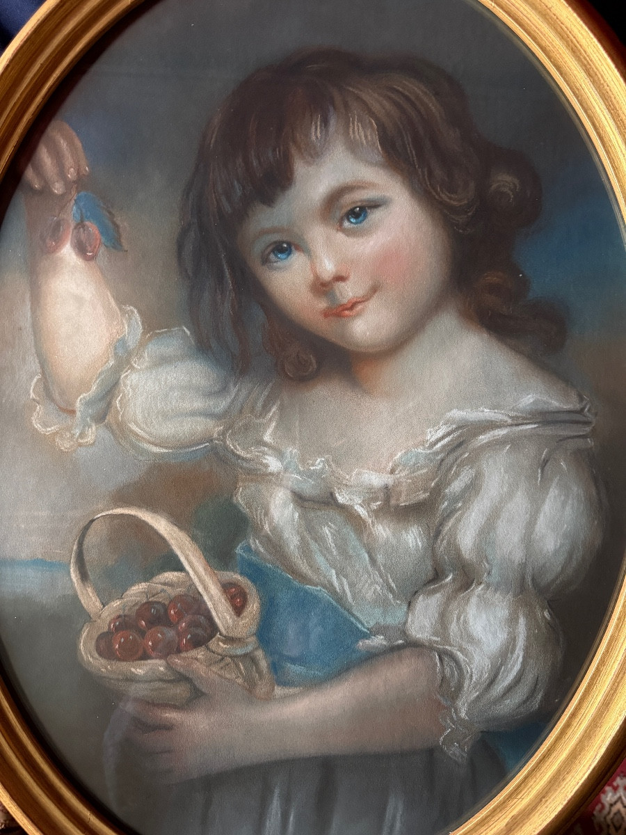 Pastel ovale XIX ème " L'enfant au panier de cerises". 
