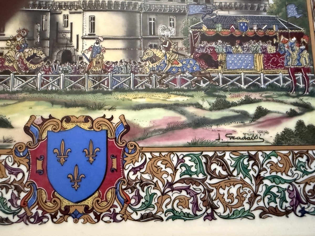 The Loire Valley Castles. Three Porcelain Plaques Signed Jean Gradassi. -photo-4