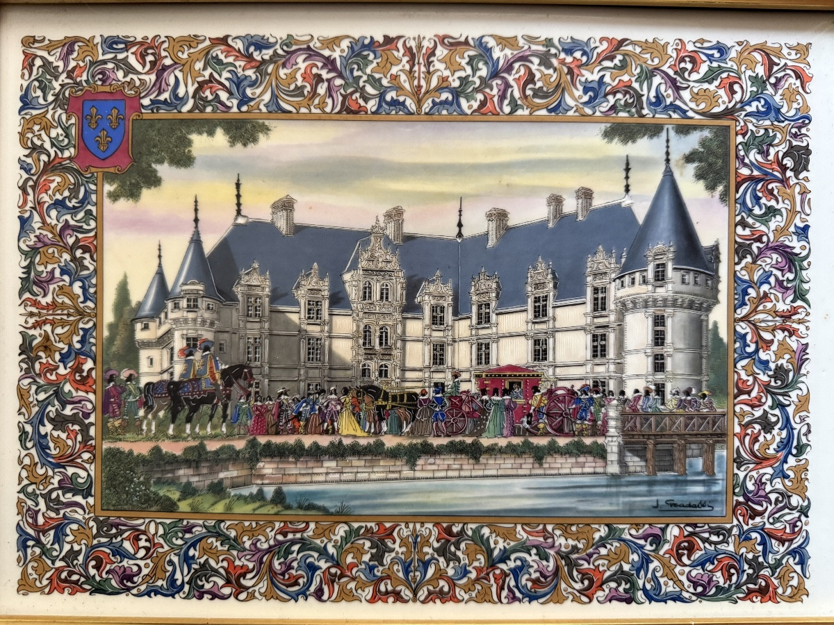 The Loire Valley Castles. Three Porcelain Plaques Signed Jean Gradassi. -photo-1