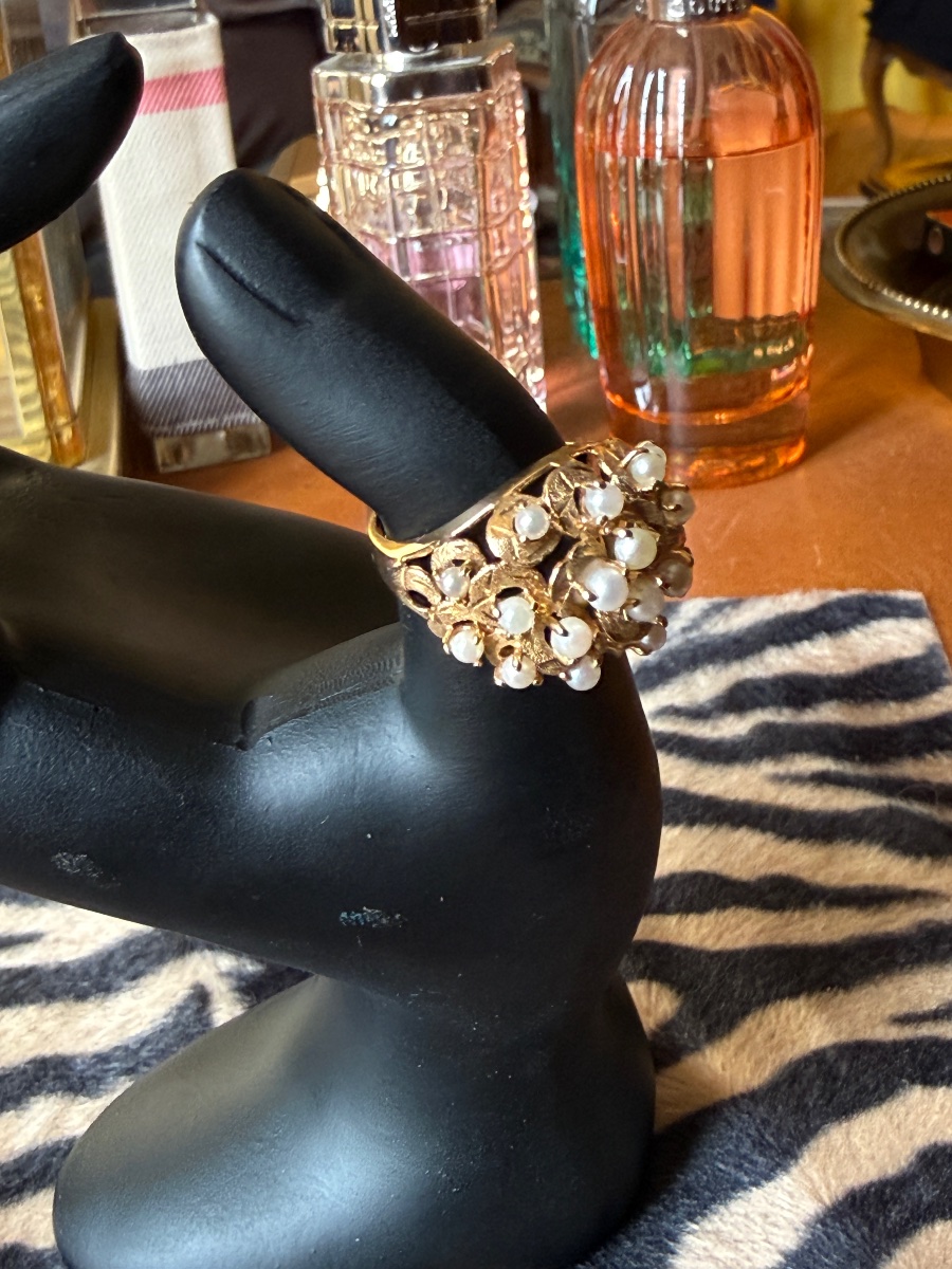 Bague boule. Or 18 k et perles. Bague vintage. -photo-2