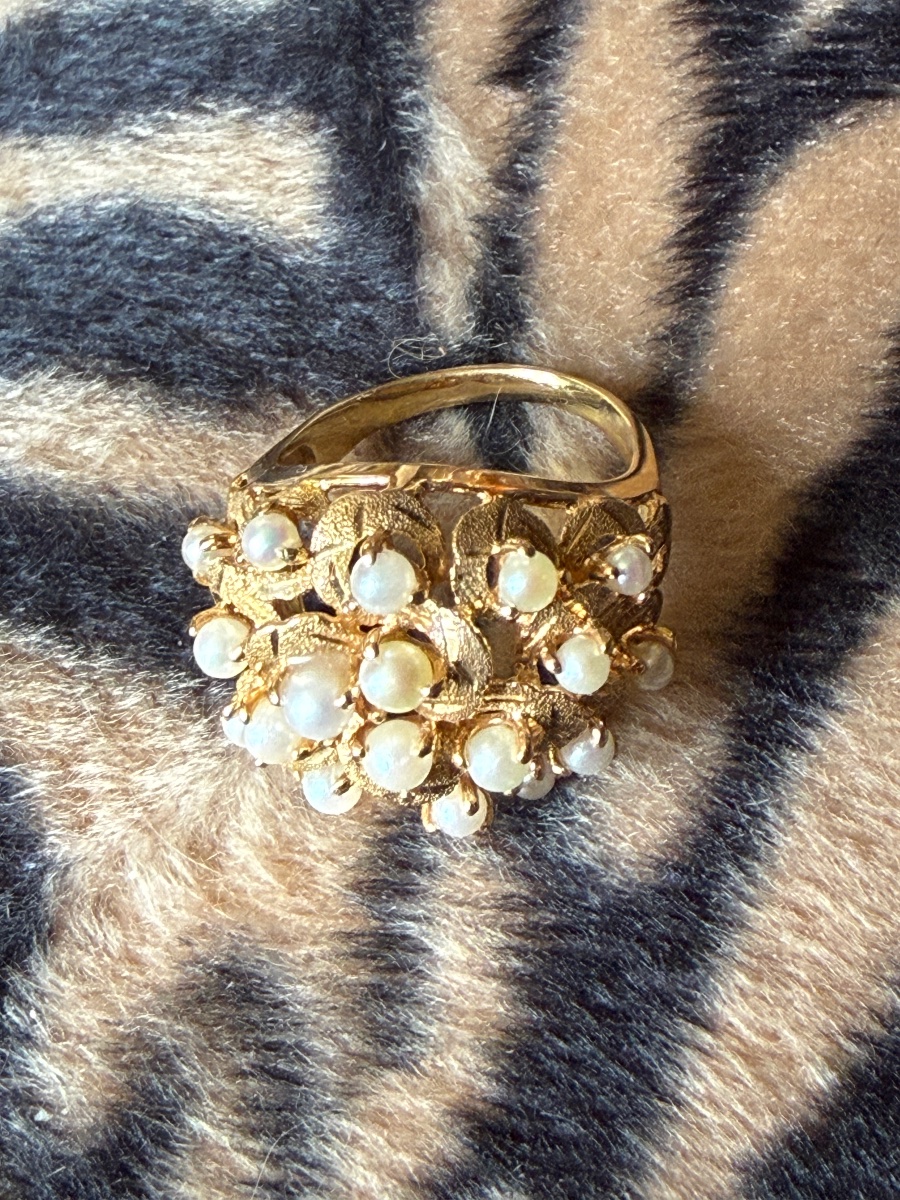 Bague boule. Or 18 k et perles. Bague vintage. -photo-3