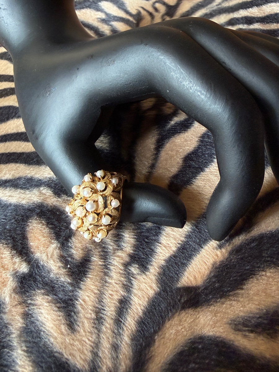 Bague boule. Or 18 k et perles. Bague vintage. -photo-4