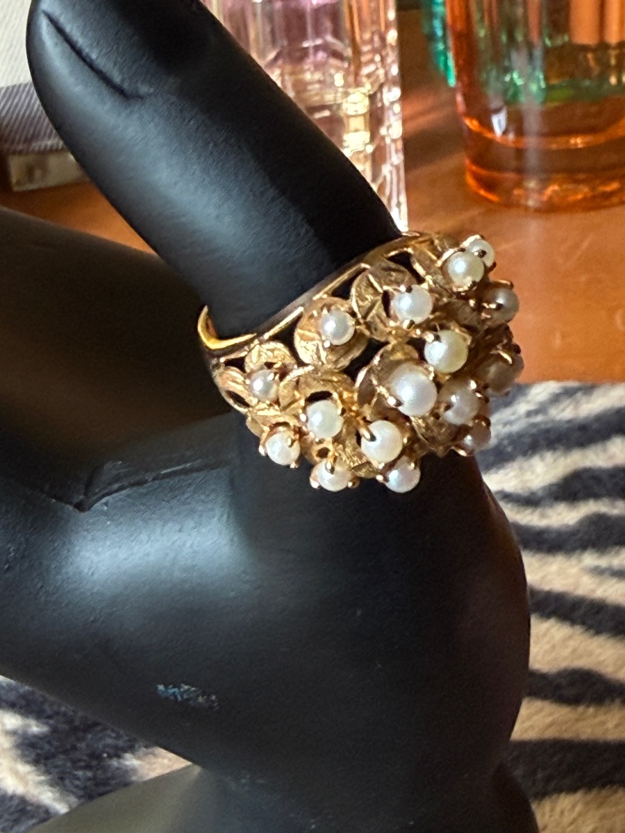 Bague boule. Or 18 k et perles. Bague vintage. -photo-1