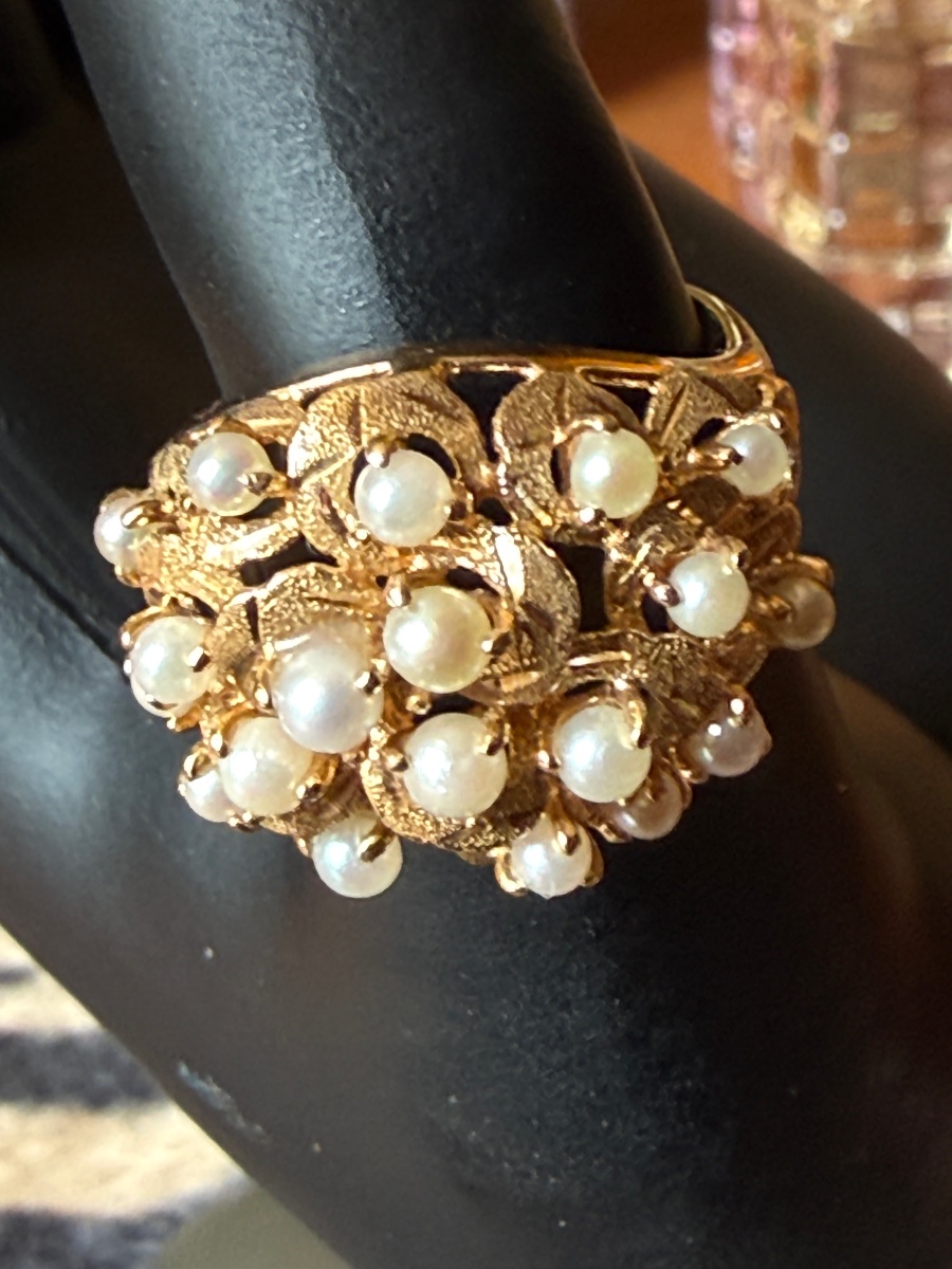 Bague boule. Or 18 k et perles. Bague vintage. -photo-3