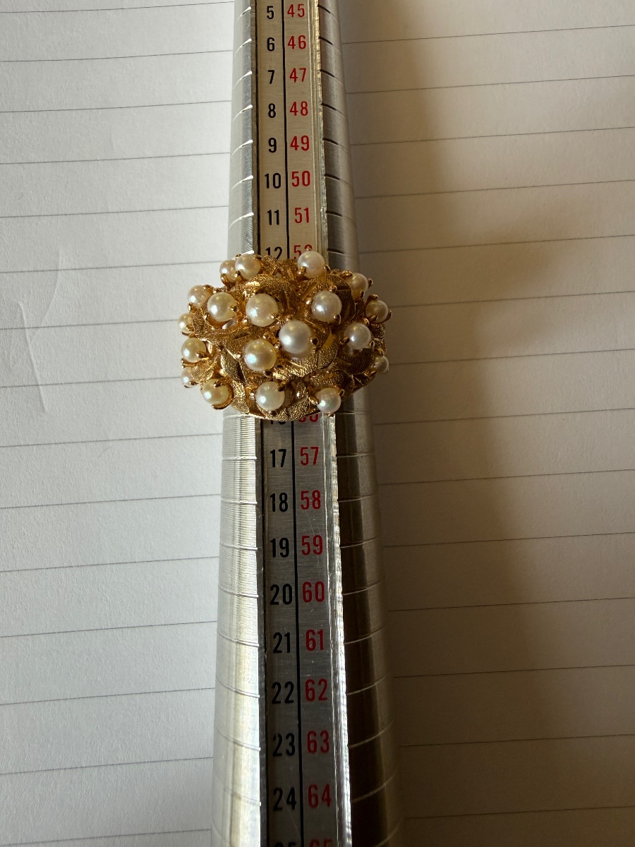 Bague boule. Or 18 k et perles. Bague vintage. -photo-4
