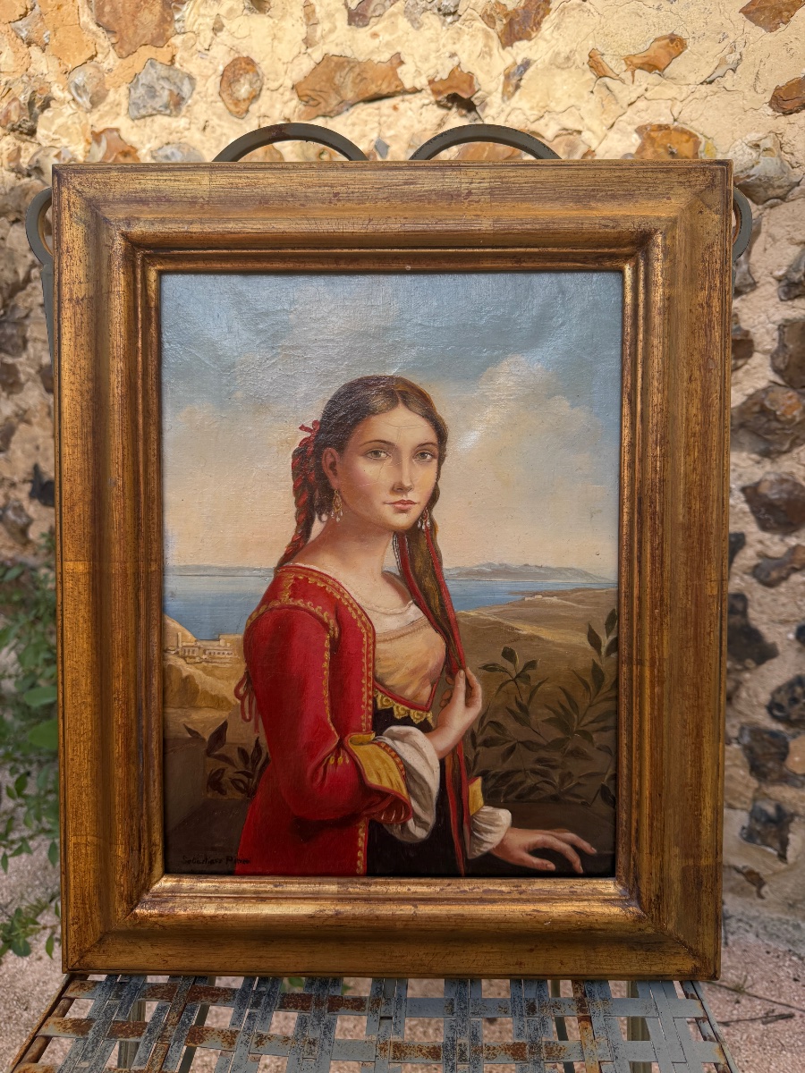 Portrait de jeune fille Italienne. Huile sur toile d'époque XIX ème. -photo-2