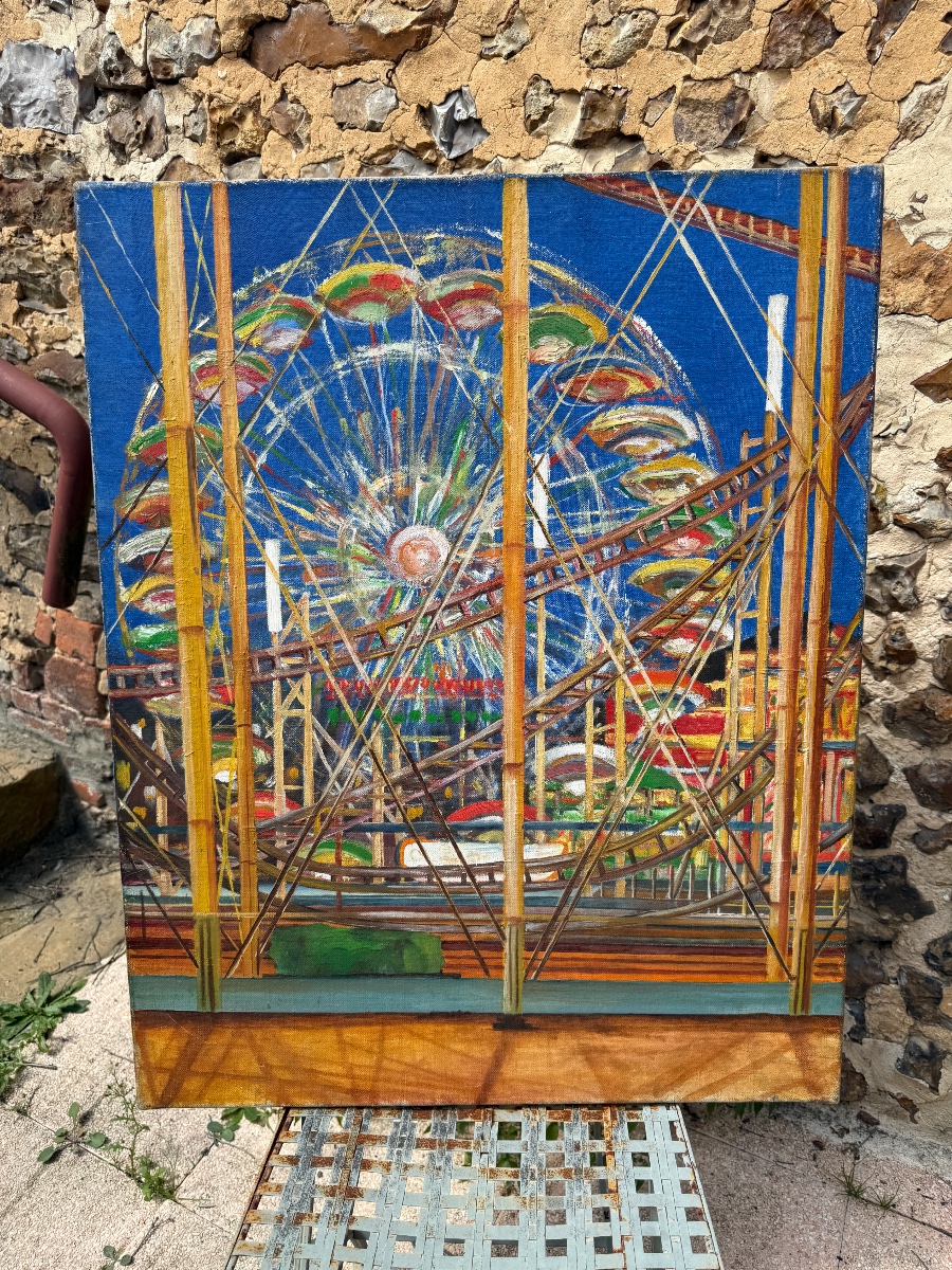 Oil On Canvas, Mid-20th Century, "the Ferris Wheel." -photo-3