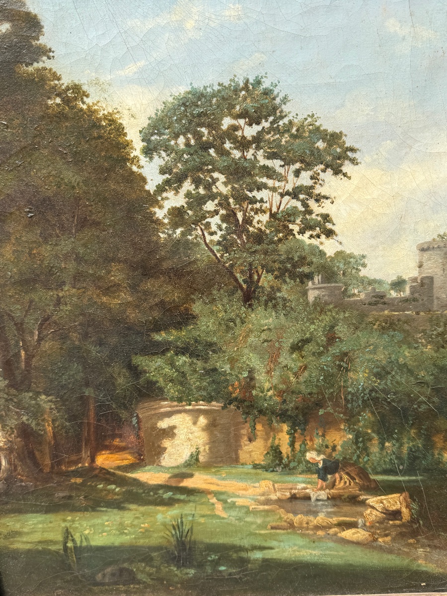Ancienne peinture à l'huile sur toile. Paysage animé. École Française, début du XIX  ème. -photo-4