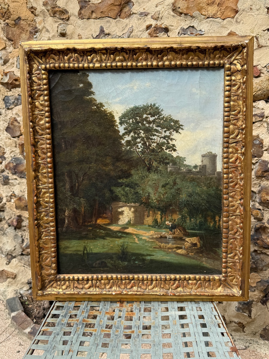 Ancienne peinture à l'huile sur toile. Paysage animé. École Française, début du XIX  ème. 