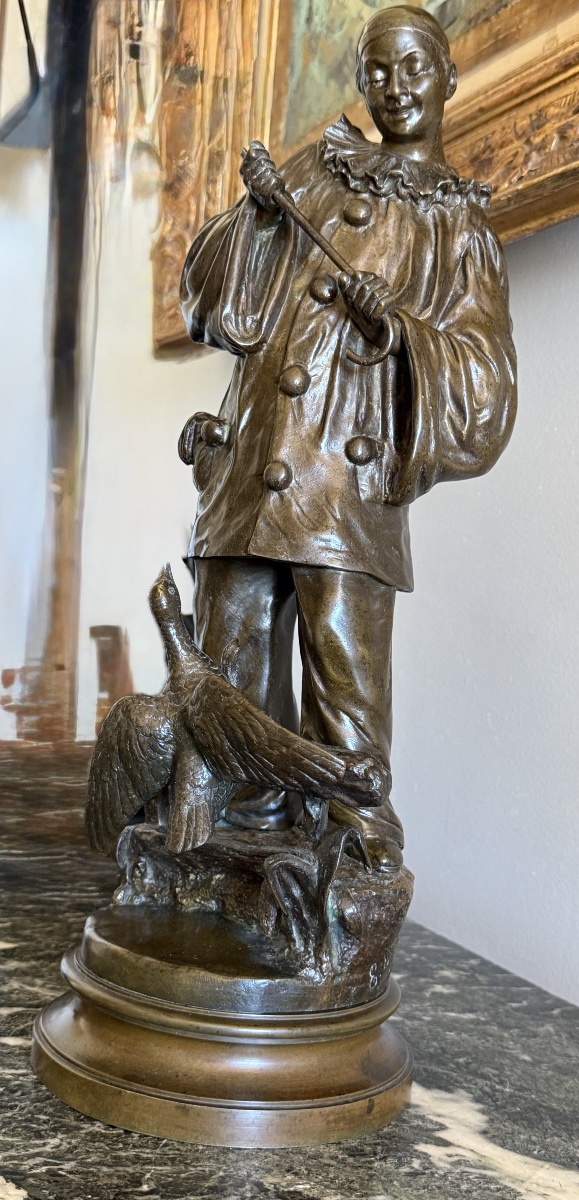 Bronze Sculpture Titled "pierrot Playing With His Duck" By Belgian Sculptor Ernest Wante (1872–1960). 