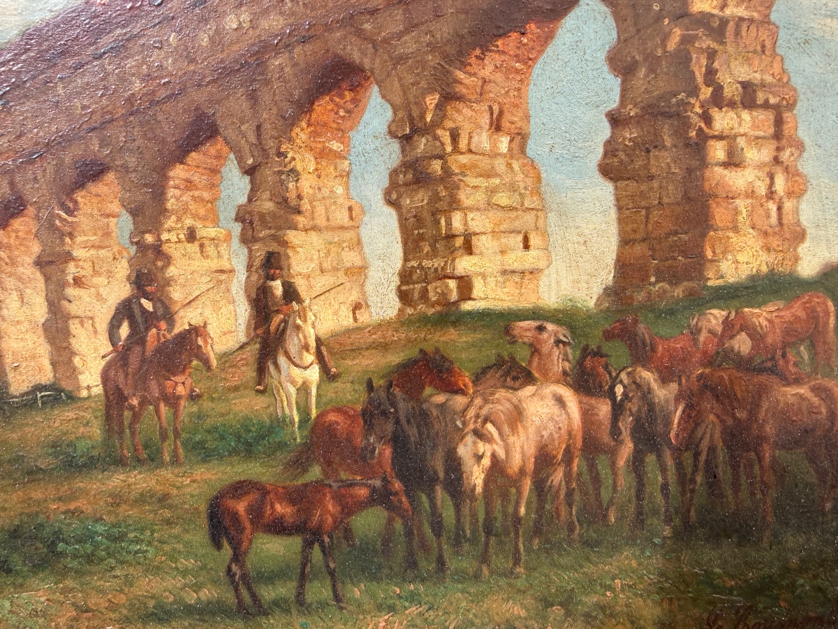 Charles COUMONT ( 1822-1889 ) Cavaliers et troupeau de chevaux devant un aqueduc Romain. -photo-2