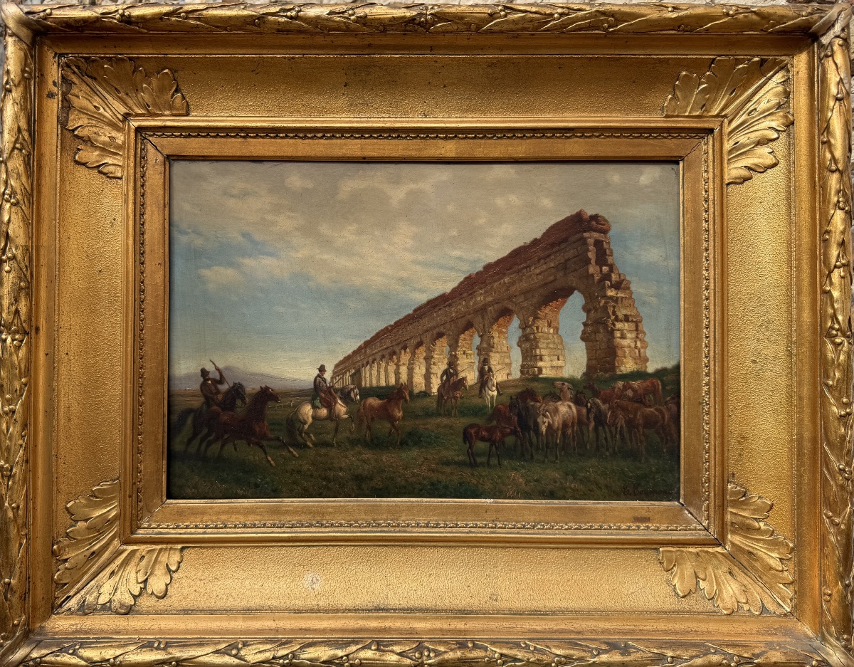 Charles COUMONT ( 1822-1889 ) Cavaliers et troupeau de chevaux devant un aqueduc Romain. -photo-3