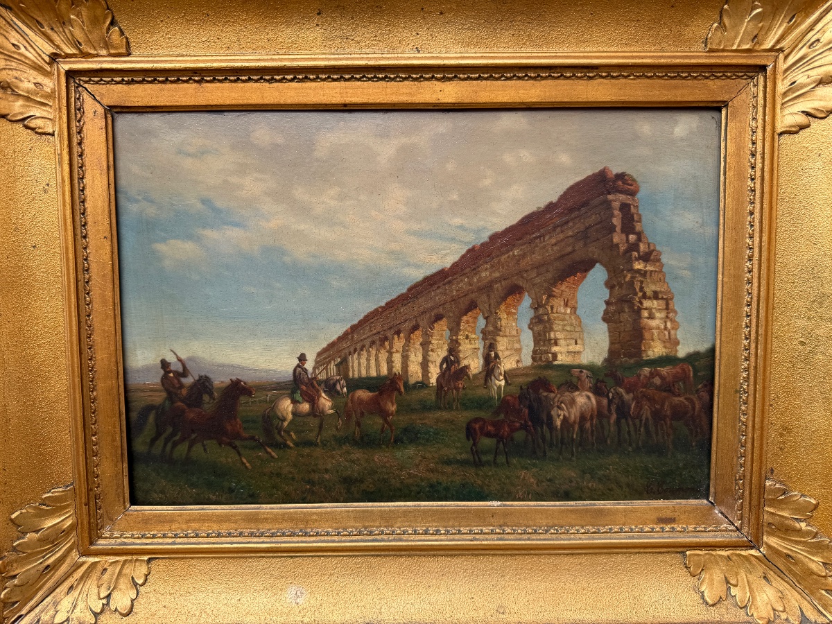 Charles COUMONT ( 1822-1889 ) Cavaliers et troupeau de chevaux devant un aqueduc Romain. -photo-1