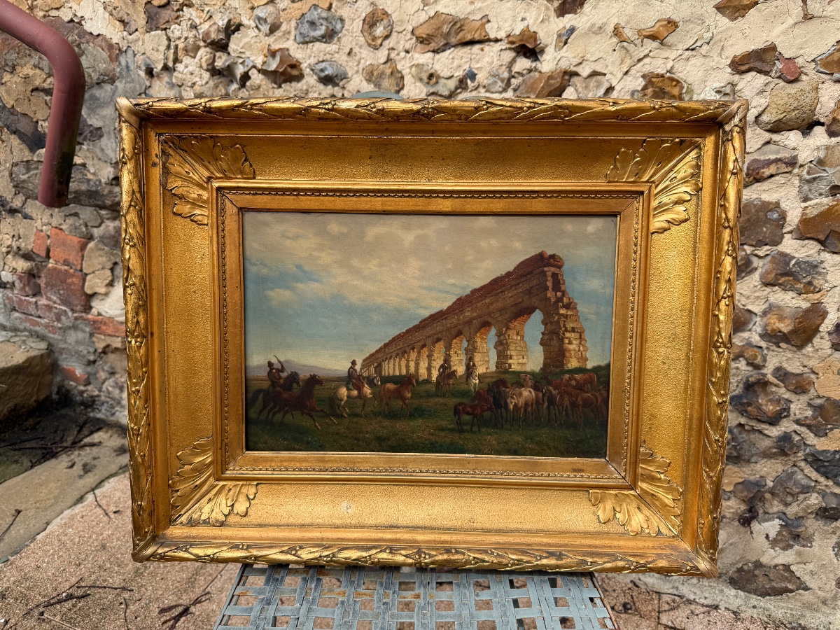Charles COUMONT ( 1822-1889 ) Cavaliers et troupeau de chevaux devant un aqueduc Romain. -photo-2