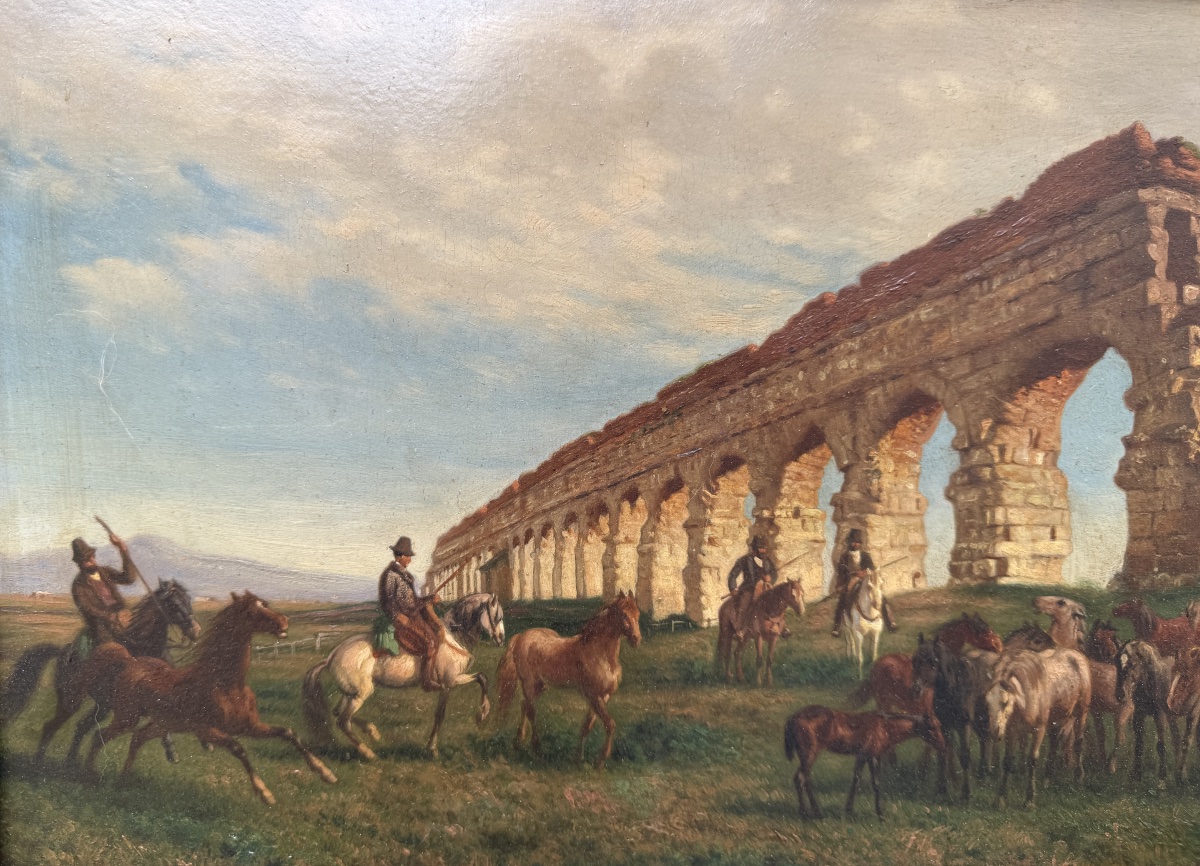 Charles COUMONT ( 1822-1889 ) Cavaliers et troupeau de chevaux devant un aqueduc Romain. -photo-4