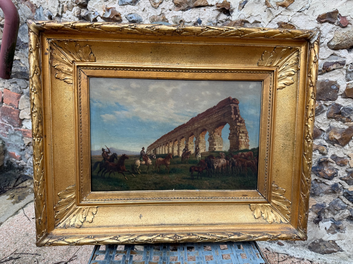 Charles COUMONT ( 1822-1889 ) Cavaliers et troupeau de chevaux devant un aqueduc Romain. -photo-5